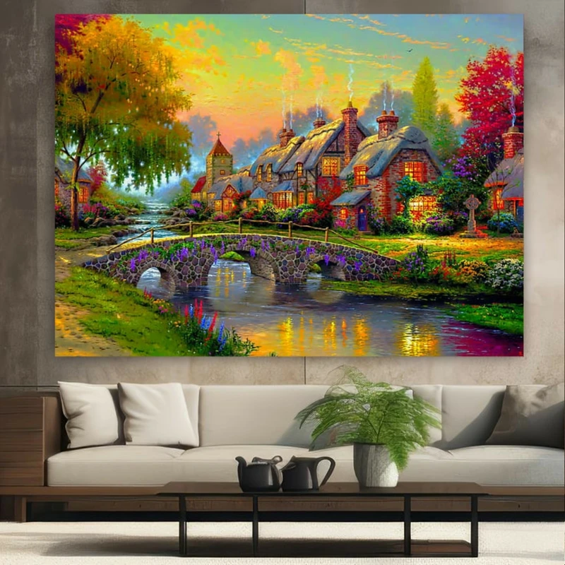 تابلو بوم طرح طبیعت روستایی مدل کلبه کد GR1660