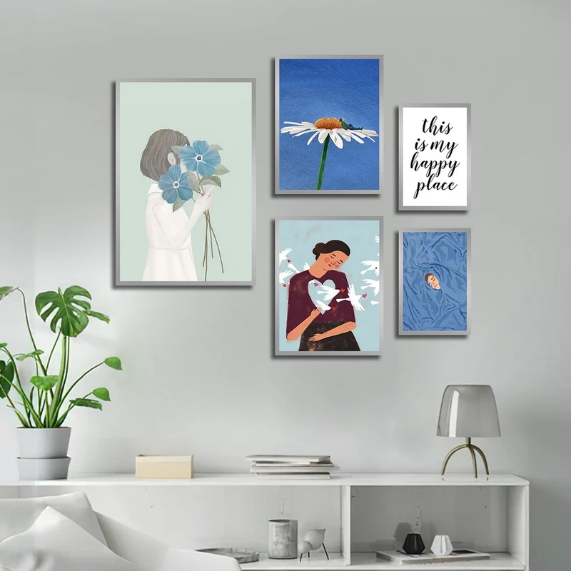 تابلو بکلیت طرح نقاشی فانتزی و گل مدل شاین اکلیلی SI-2324 فریم نقره ای مجموعه 5 عددی