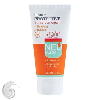 کرم ضد آفتاب بدون رنگ نئودرم SPF50 مدل Highly Protective Invisible محافظ UVA ،UVB، ضد چروک، ضد لک، حجم 50 میلی‌لیتر