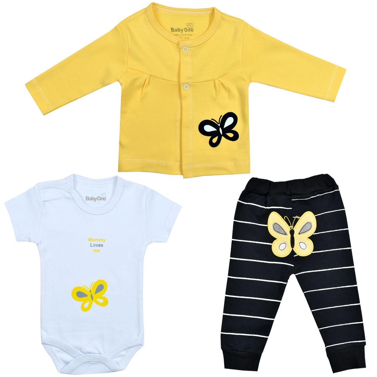 ست 3 تکه لباس نوزادی بی بی وان مدل پروانه رنگ زرد