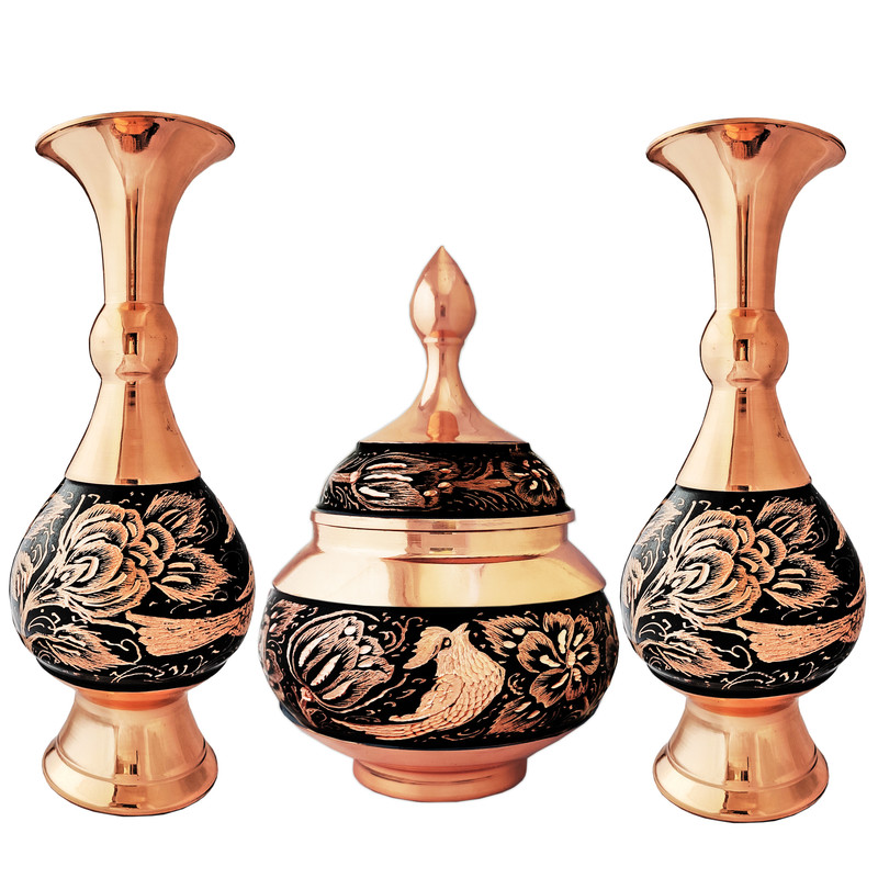  ست 3 تکه گلدان و شکلات خوری مسی مدل الماس تراش کد 20-18