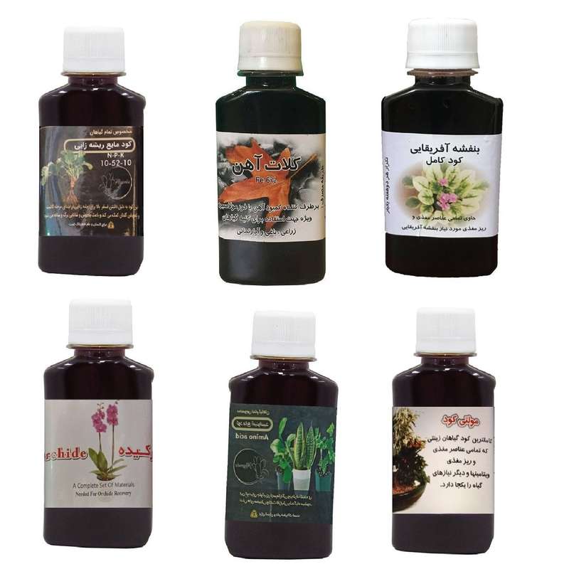 کود مایع فسفر ریشه زایی 10-52-10 و کلات آهن و بنفشه آفریقایی و کود ارکیده و امینو اسید و مولتی کود مدل life drop حجم 120 میلی لیتر