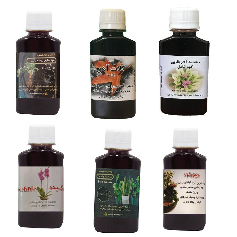 کود مایع فسفر ریشه زایی 10-52-10 و کلات آهن و بنفشه آفریقایی و کود ارکیده و امینو اسید و مولتی کود مدل life drop حجم 120 میلی لیتر