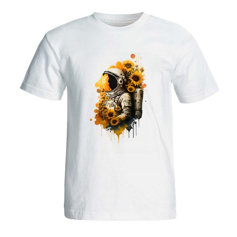 تی شرت آستین کوتاه زنانه مدل فضانورد و گل آفتابگردان
