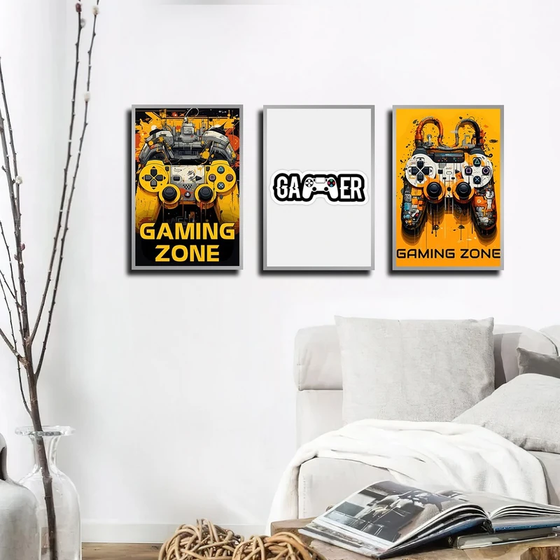 تابلو بکلیت طرح دسته بازی پلی استیشن مدل SI-4195 رنگ فریم نقره ای مجموعه 3 عددی