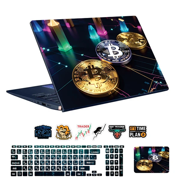 استیکر لپ تاپ توییجین و موییجین طرح Bitcoin کد 44 مناسب برای لپ تاپ 15.6 اینچ به همراه برچسب حروف فارسی کیبورد