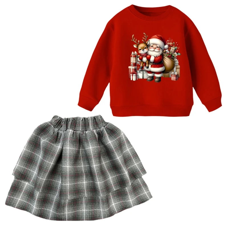 ست سویشرت و دامن دخترانه مدل بابانوئل و گوزن کریسمس کد 11