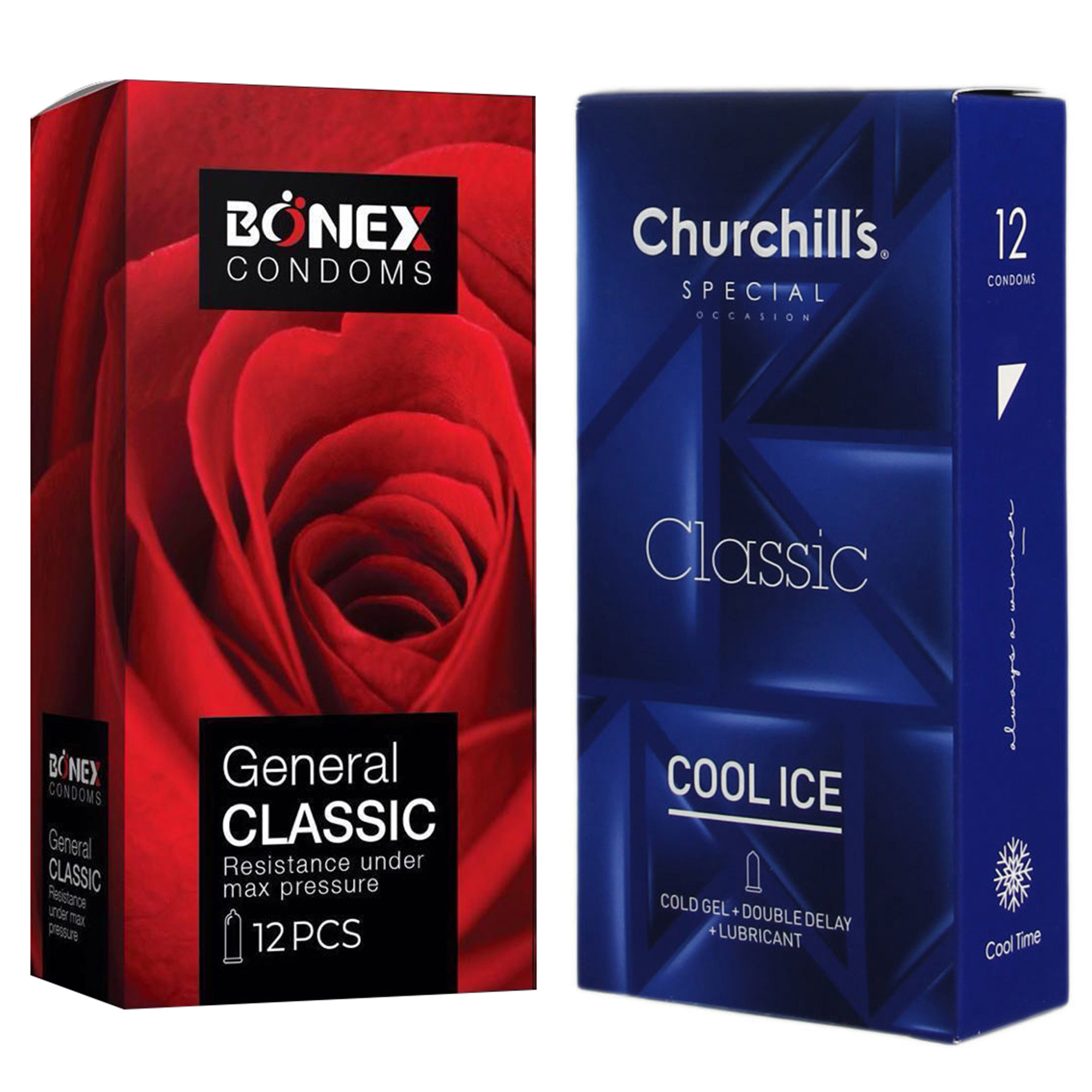 کاندوم چرچیلز مدل Cool Ice بسته 12 عددی به همراه کاندوم بونکس مدل General Classic بسته 12 عددی 