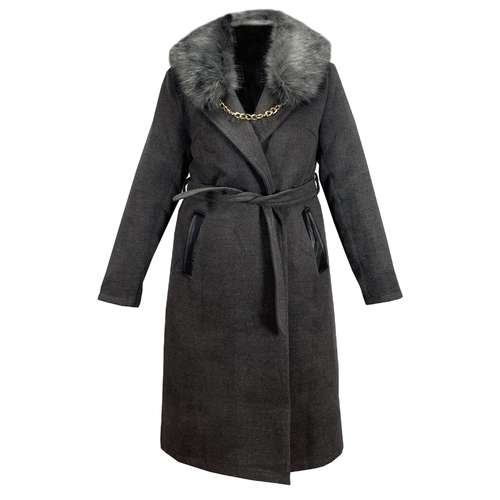 پالتو زنانه مدل فوتر یقه خزدار رنگ طوسی