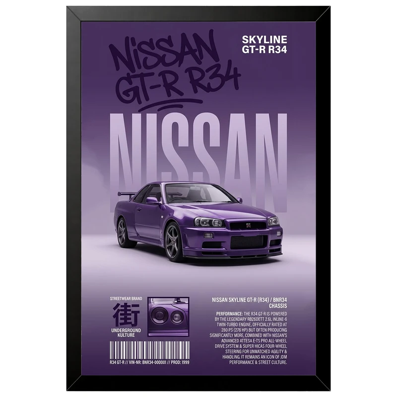 تابلو بکلیت طرح ماشین و خودرو نیسان جی تی ار Nissan Skyline GT-R R34 مدل B-az1032 فریم مشکی