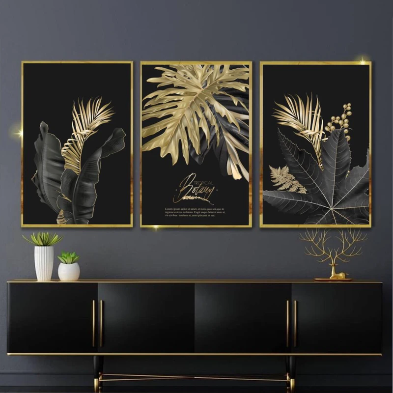 تابلو آتریسا طرح برگ مدرن مدل AT00469 مجموعه 3 عددی