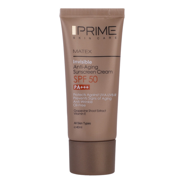 کرم ضدآفتاب و جوان‌کننده بی‌رنگ پرایم SPF50 مدل Matex مناسب انواع پوست، حجم 40 میلی‌لیتر