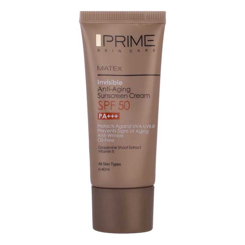 کرم ضدآفتاب و جوان‌کننده بی‌رنگ پرایم SPF50 مدل Matex مناسب انواع پوست، حجم 40 میلی‌لیتر