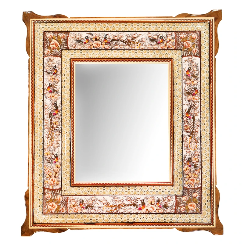 آینه خاتم کاری چوبی صنایع دستی فاخر مدل یونیک طرح گل و مرغ برجسته کد Br50p44mr2418-1f2