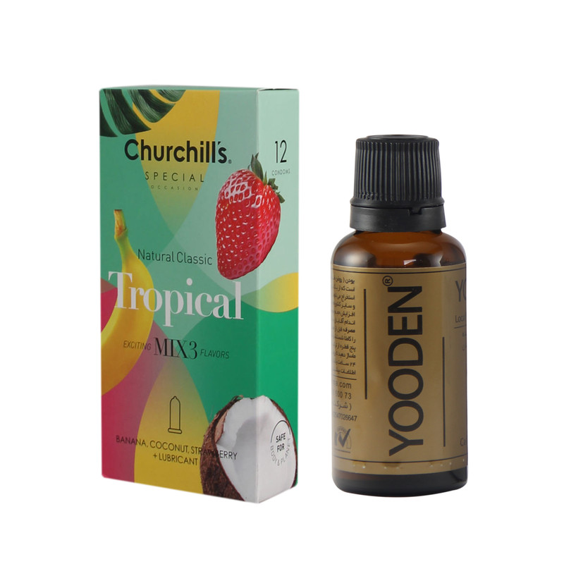 کاندوم چرچیلز مدل Tropical بسته 12 عددی به همراه روغن یودن کد 01 حجم 30 میلی لیتر کاندوم چرچیلز مدل Tropical بسته 12 عددی به همراه روغن یودن کد 01 حجم 30 میلی لیتر