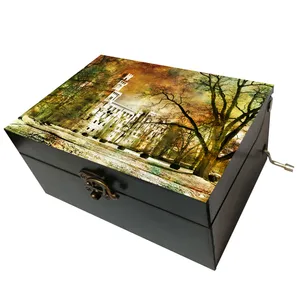 جعبه موزیکال مدل هندلی طرح پاییز برج سفید و درخت خشکیده کد T1022