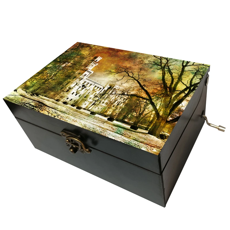 جعبه موزیکال مدل هندلی طرح پاییز برج سفید و درخت خشکیده کد T1022