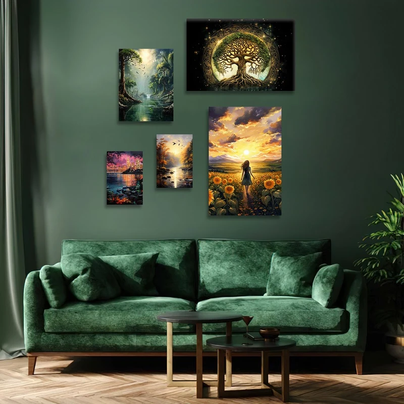 تابلو شاسی بکلیت طرح نقاشی منظره پاییزی و طبیعت مدل SH-1251 مجموعه 5 عددی