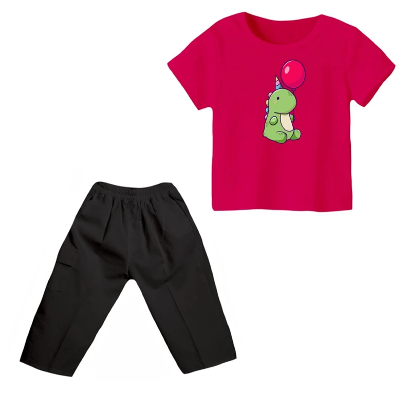 ست تی شرت و شلوارک پسرانه مدل دایناسور کد ۱۱ رنگ سرخابی