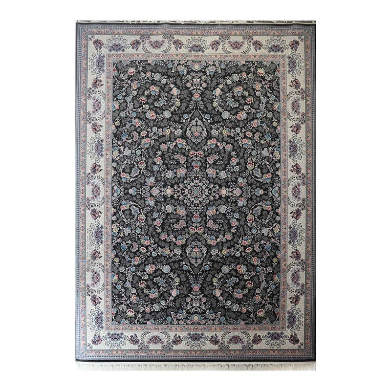 فرش ماشینی 700 شانه فرش زمرد مشهد زمینه خاکستری حاشیه زغالی مدل 25069