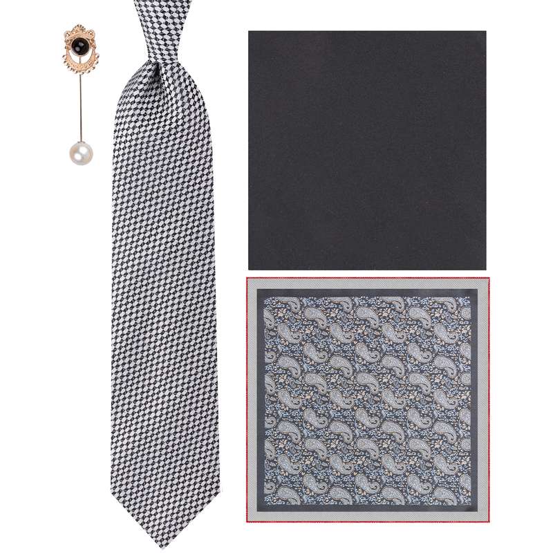 ست کراوات و دستمال جیب و گل کت مردانه مدل GF-PO3725-BK مجموعه 4 عددی