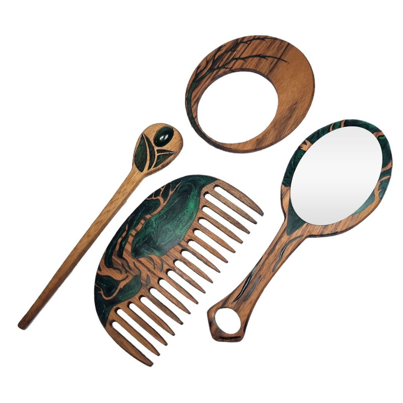 ست شانه و آینه  مدل چوب و رزین به همراه پین و حلقه ی مو