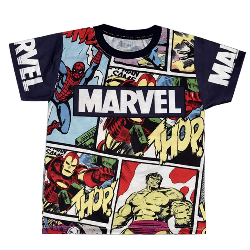 ست تی شرت آستین کوتاه و شلوارک پسرانه مدل قهرمانان رنگ سرمه ای