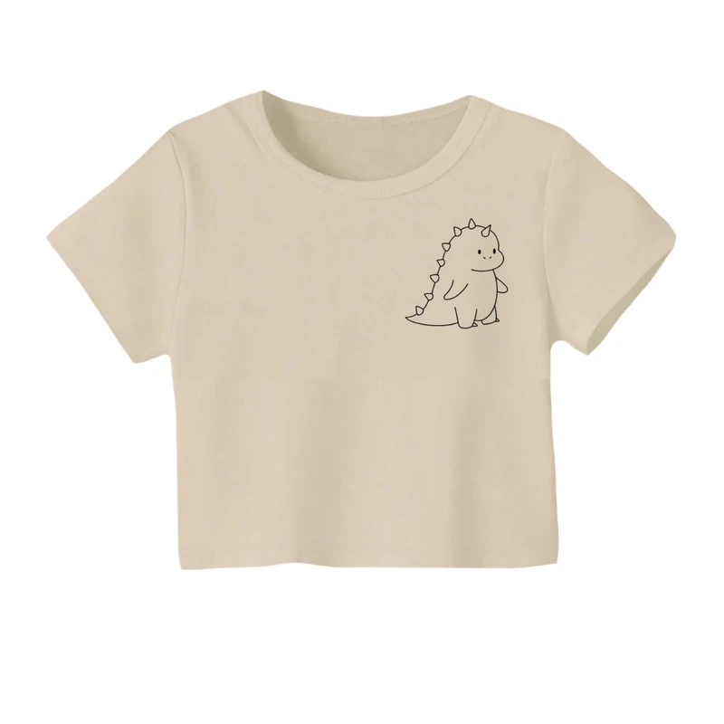 کراپ‌ تی‌شرت آستین کوتاه زنانه مدل دایناسور خطی 1 رنگ کرم 