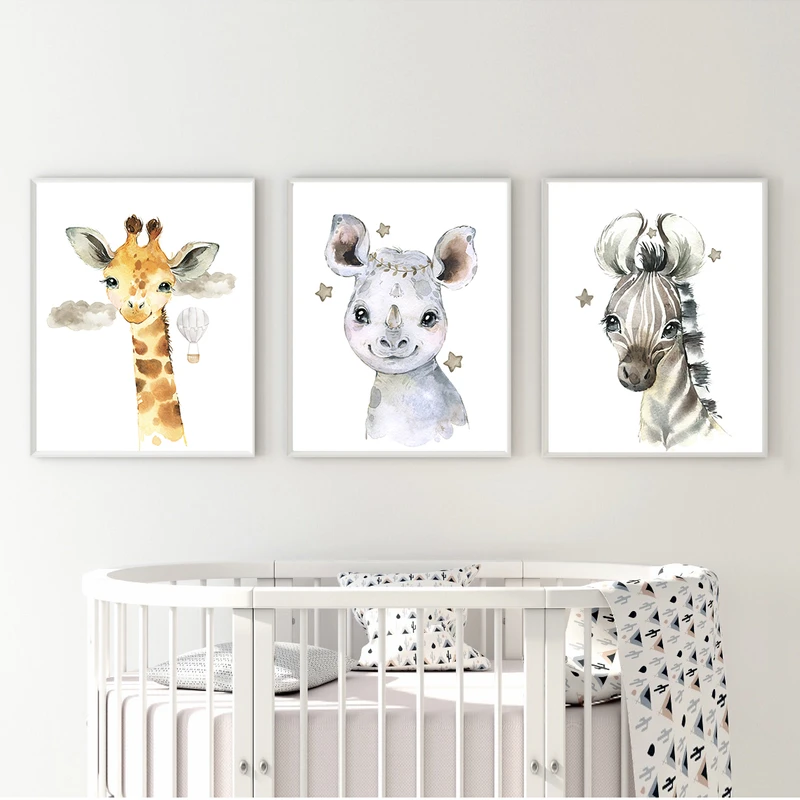 تابلو اتاق کودک و نوزاد الفاپ مدل گورخر کرگدن زرافه کد Watercolore Animals 003 مجموعه 3 عددی