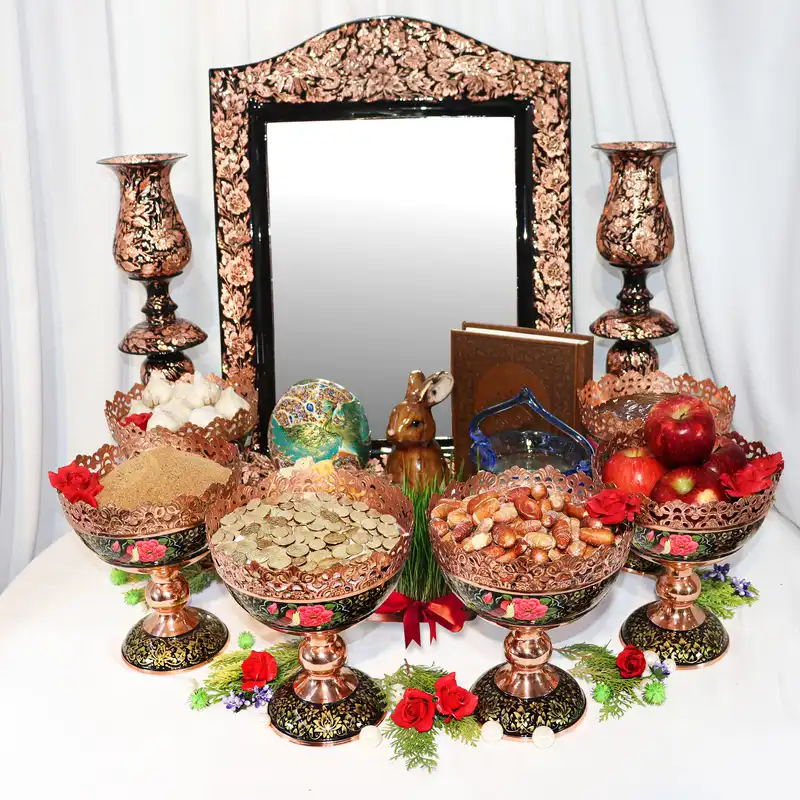 آجیل خوری مسی مدل پرداز طرح تشعیر و گل و مرغ کد HQ20p17 بسته 6 عددی