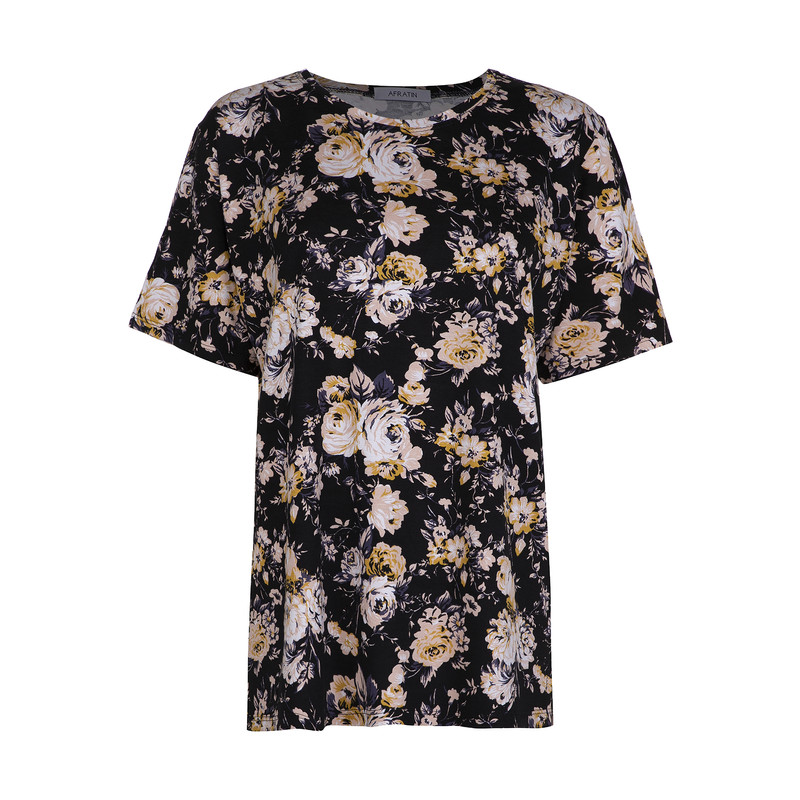 تی شرت آستین کوتاه زنانه افراتین مدل گلدار کد 2609 رنگ مشکی