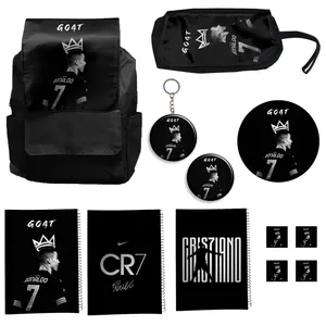 کوله پشتی مدل رونالدو کد h به همراه دفتر مشق و جامدادی و زیر لیوانی و جاکلیدی مجموعه 12 عددی