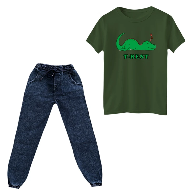 ست تی‌شرت و شلوار پسرانه مدل دایناسور و استراحت