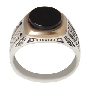 انگشتر نقره مردانه بازرگانی میلادی مدل سنگ عقیق یمنی رکاب دست ساز سیاه قلم کد AM_2274