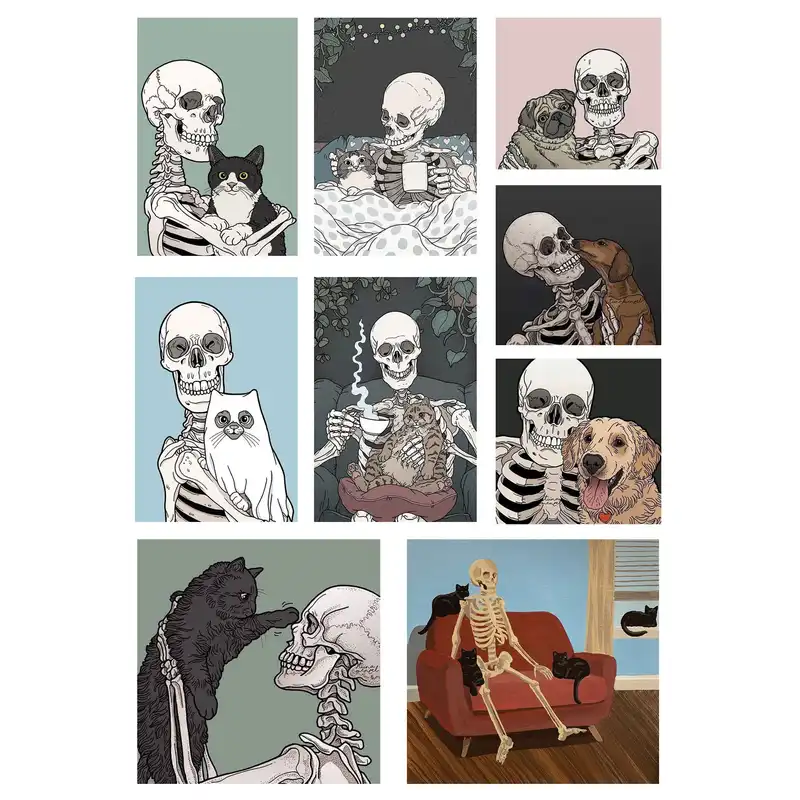 استیکر لپ تاپ طرح گربه و اسکلت کد 1001 مجموعه 9 عددی