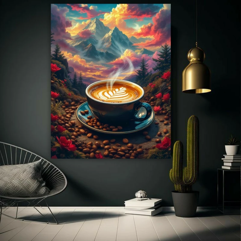 پوستر طرح مخمل فنجان قهوه در طبیعت کد BK23564