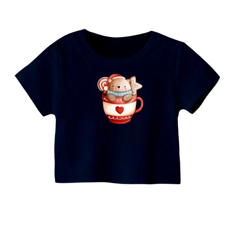 کراپ‌ تی‌شرت آستین کوتاه زنانه مدل خرس کریسمس کد 5