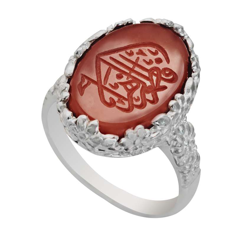 انگشتر نقره عقیق زنانه ملک زیور مدل نیلوفر طرح حکاکی فاطمه زهرا کد 125