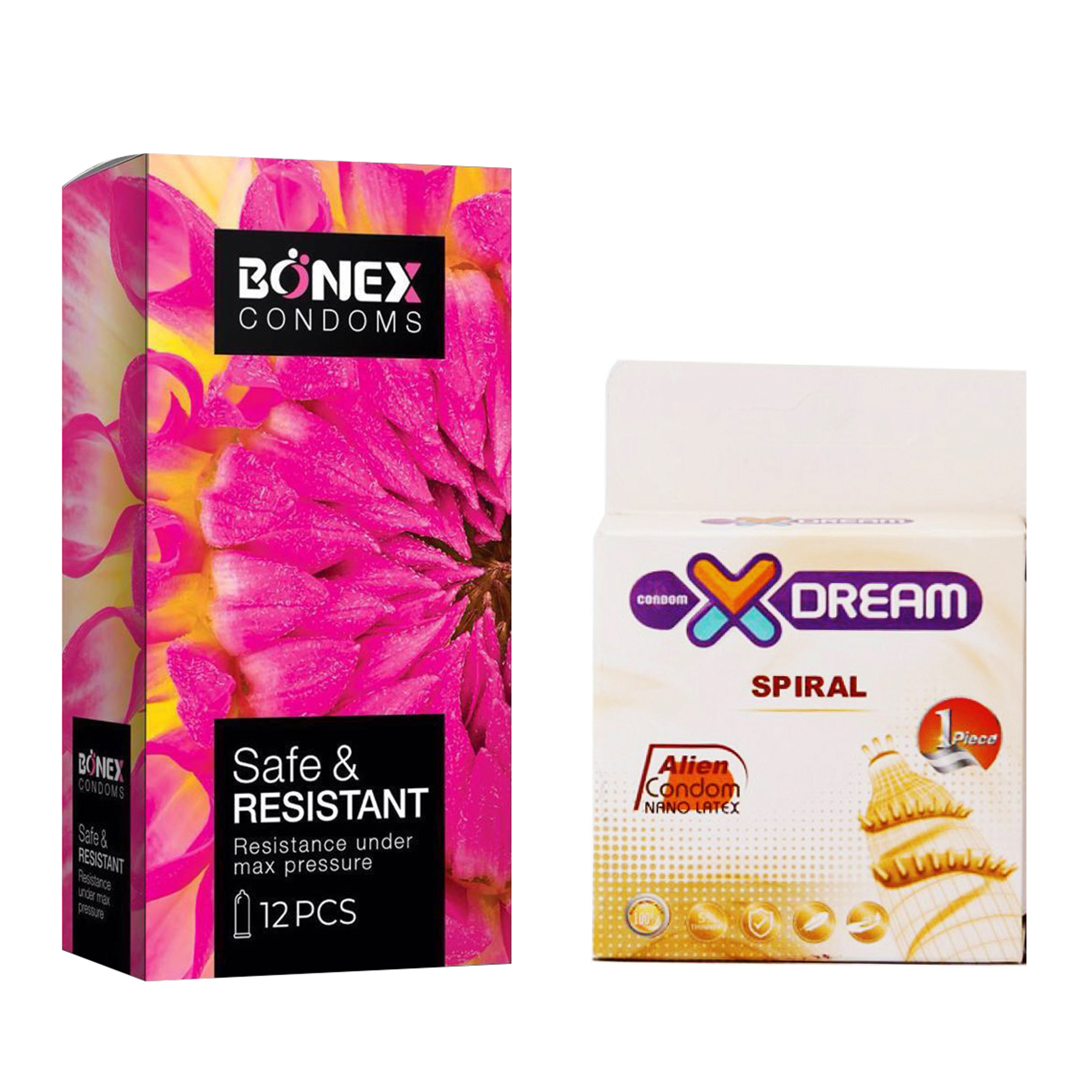 کاندوم بونکس مدل Safe & Resistant بسته 12 عددی به همراه کاندوم ایکس دریم مدل Spiral