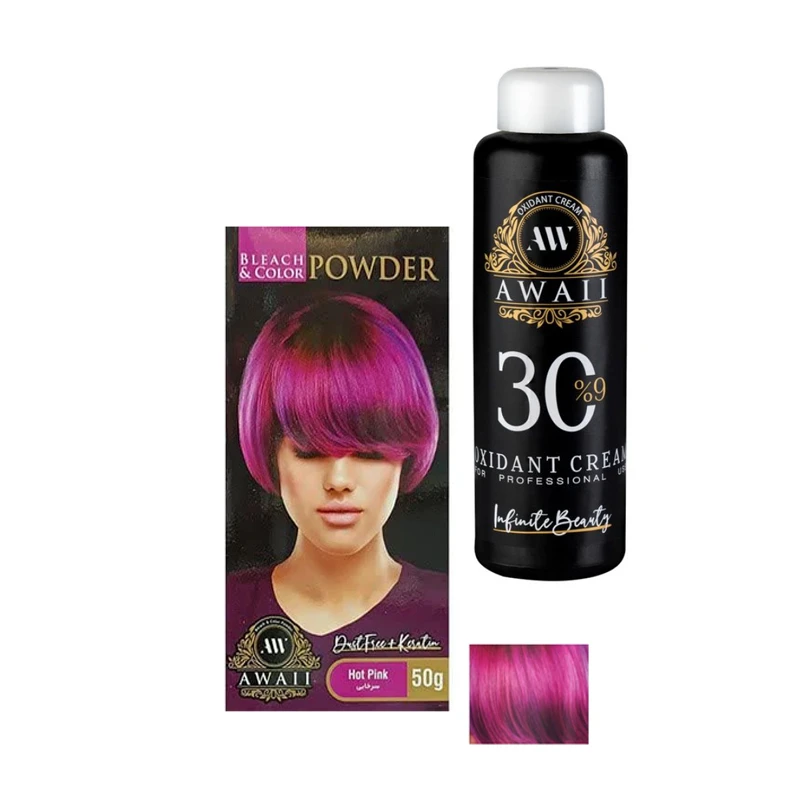 پودر دکلره آوایی مدل کراتین وزن 50 گرم رنگ سرخابی به همراه اکسیدان مدل 30vol نه درصدی حجم 180 میلی لیتر 