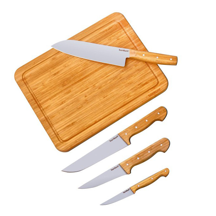 سرویس چاقو آشپزخانه بامبوم مدل 4401 مجموعه چهار عدد چاقو و تخته گوشت