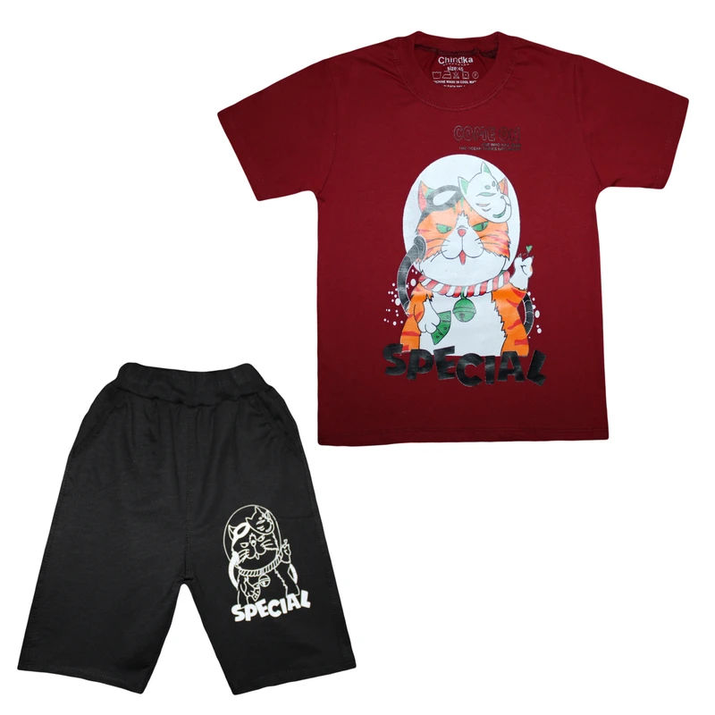 ست تی شرت آستین کوتاه و شلوارک پسرانه چیندکا مدل گربه فضانورد کد 104