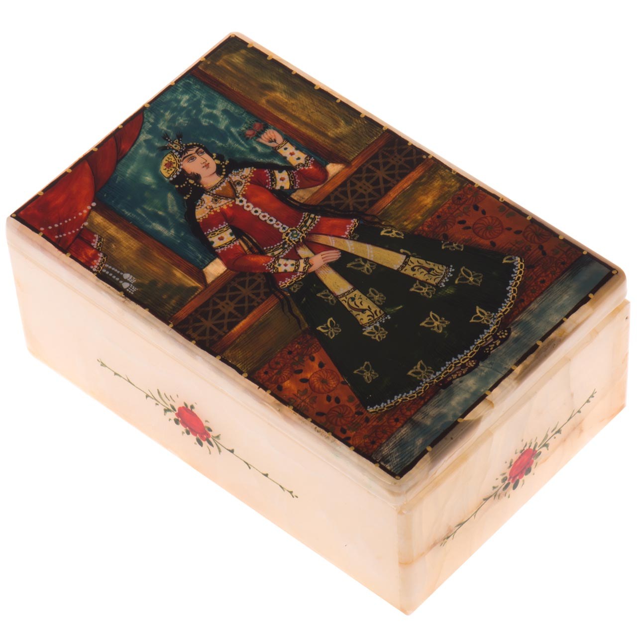 جعبه سنگ مرمر اثر بابایی طرح زن قاجاری ایستاده سایز 15 × 10 سانتی متر