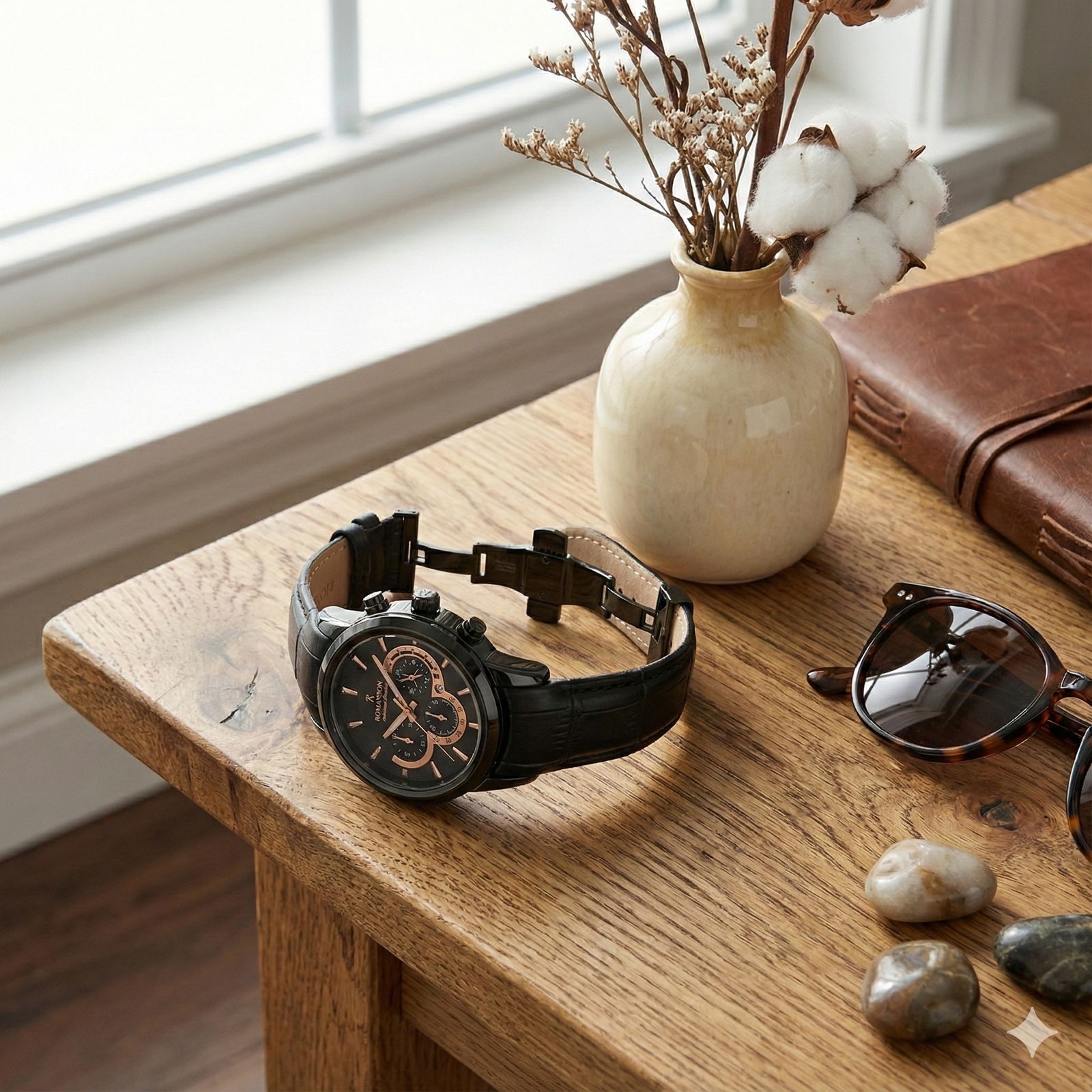 ست ساعت مچی عقربه‌ای کوارتز زنانه و مردانه رومانسون مدل اسپرت لوکس تک موتوره بند چرم قفل فیکس کد R4j -  - 4