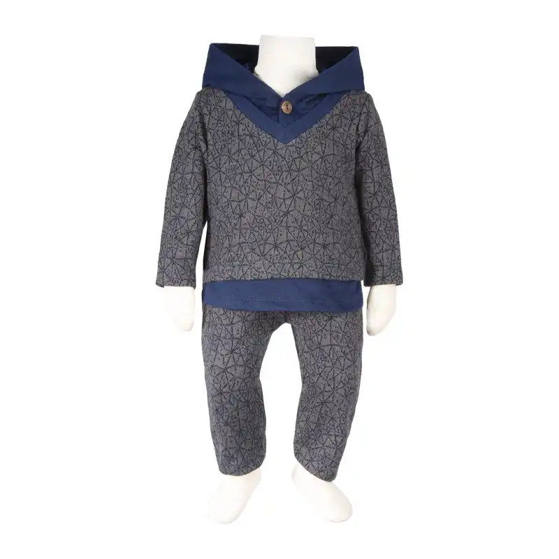 ست هودی و شلوار نوزادی مدل آدمک کلاهدار ژاکارد رنگ طوسی  روشن