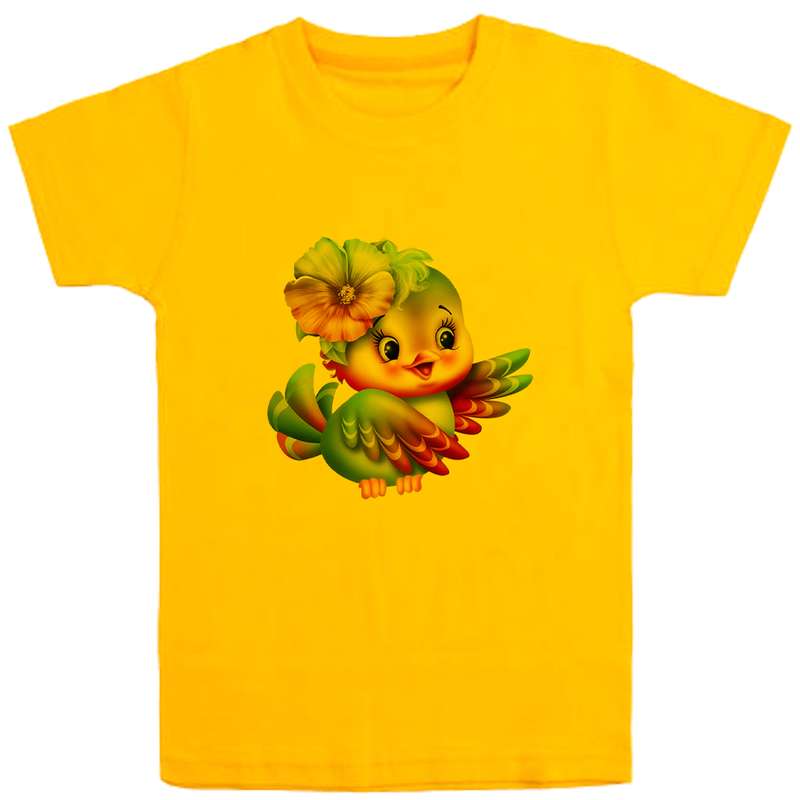تی شرت آستین کوتاه دخترانه مدل پرنده D46 رنگ زرد