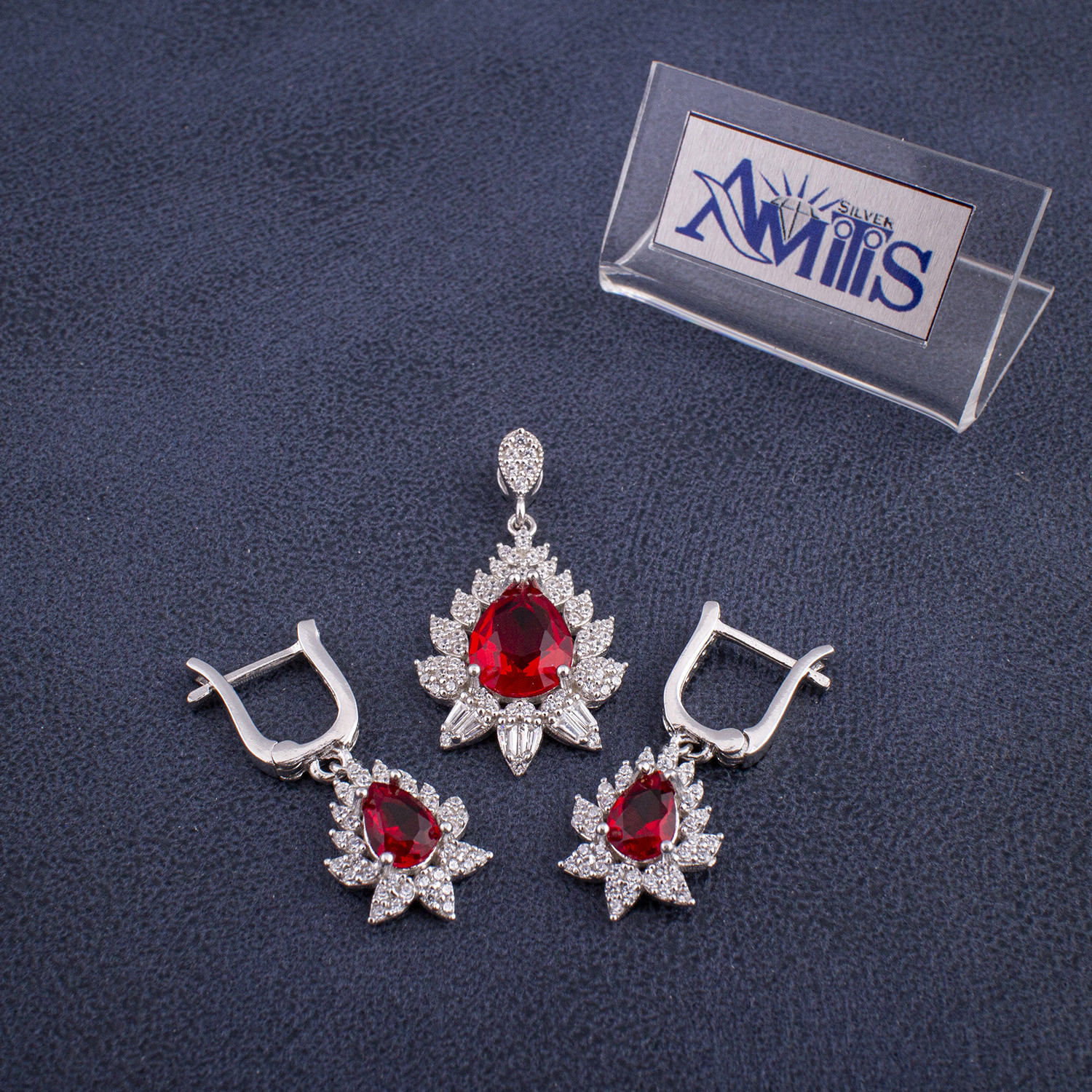 نیم ست نقره زنانه مدل یاقوت AMT-N214