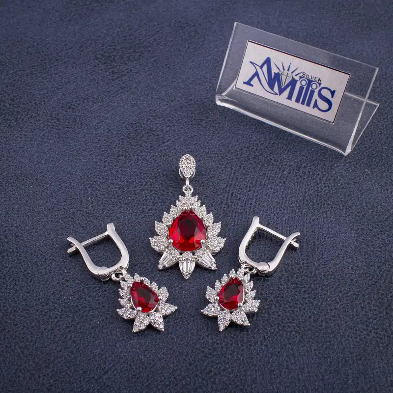 نیم ست نقره زنانه مدل یاقوت AMT-N214