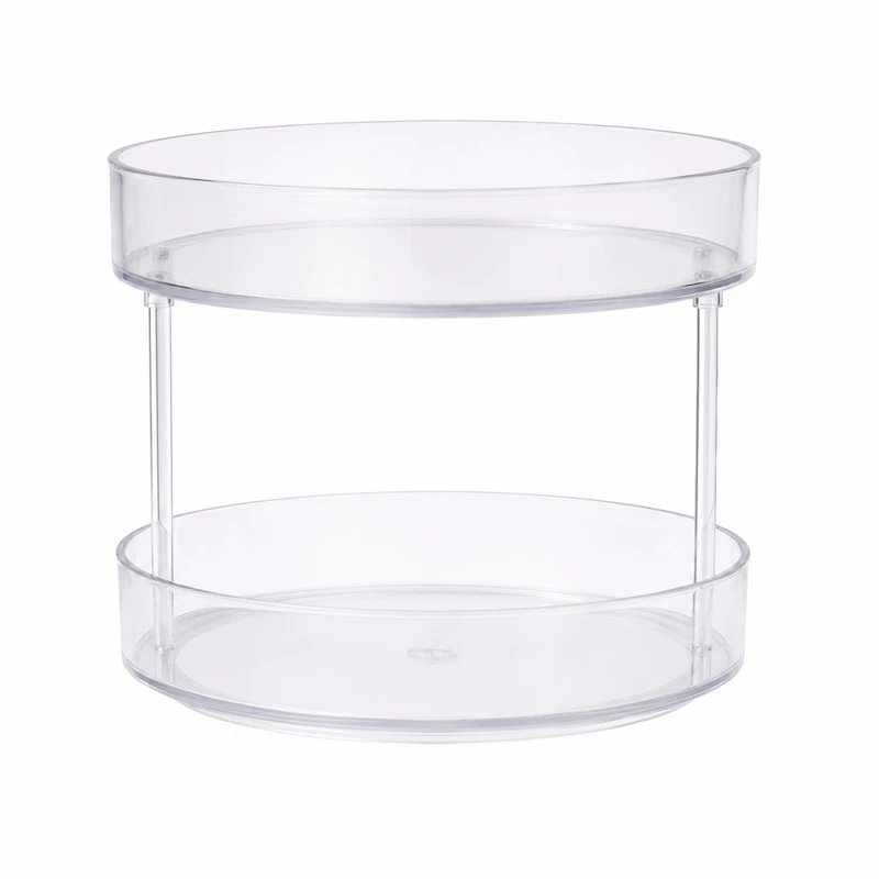استند نظم‌دهنده رومیزی لیمون مدل دوطبقه گرد با قابلیت چرخش، ابعاد 30×22×22 سانتی‌متر، جنس پلاستیک شفاف مناسب لوازم بهداشتی