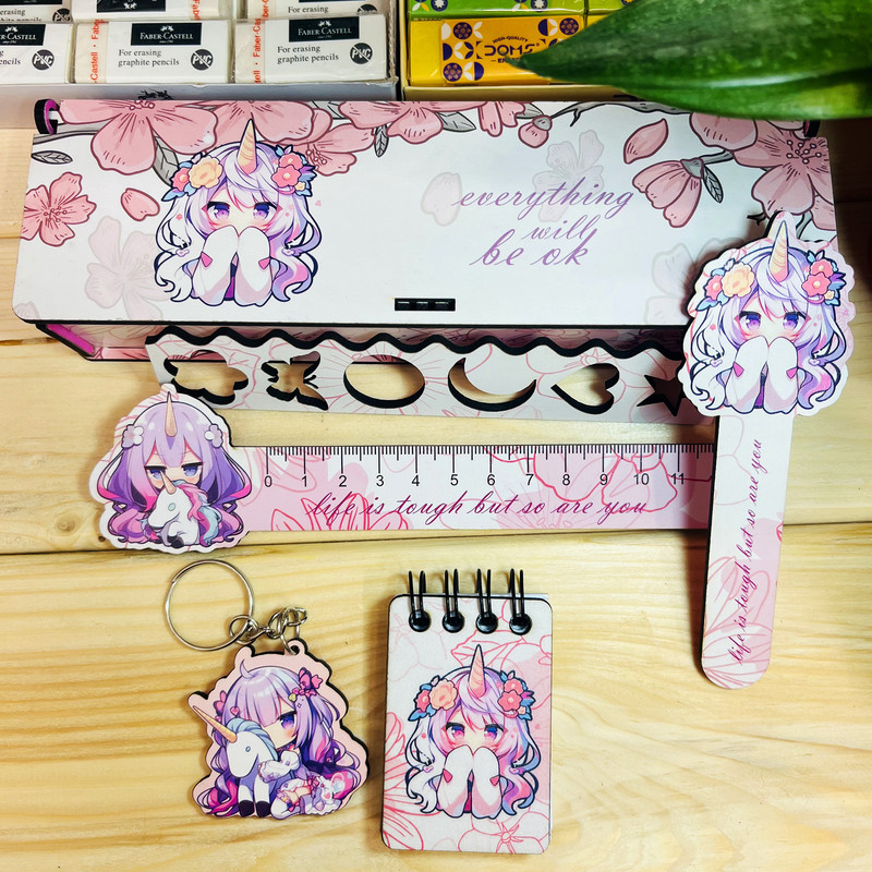 بسته لوازم تحریر مدل یونیکورن و گل فانتزی مجموعه 6 عددی